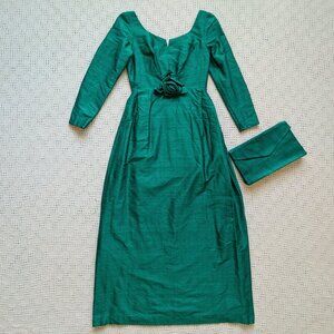 Vintage 80s Fashionably Yours Karin Teal Silk* Gown Dress & Matching Clutch Sz S